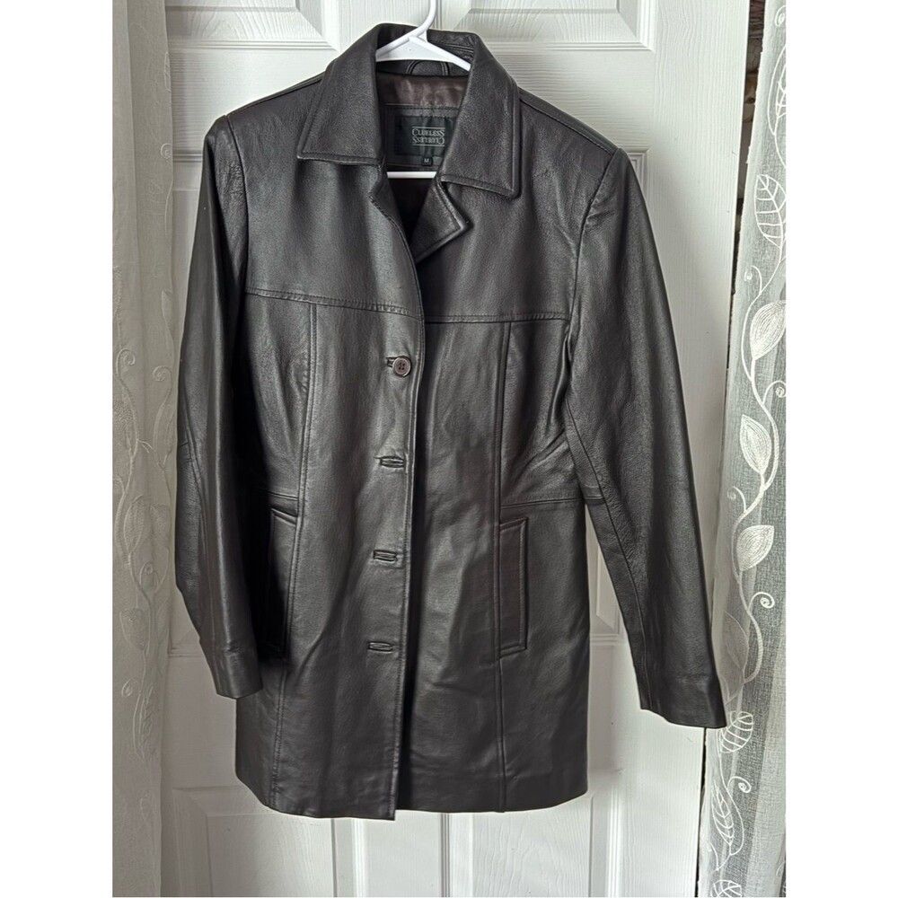 Clueless vintage mid-length leather coat jacket button-up front women sz M